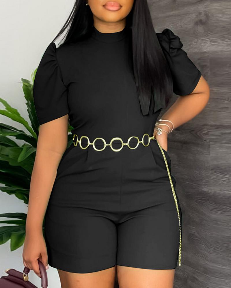 

Puff Sleeve Pocket Design Romper With Waist Chain, Black