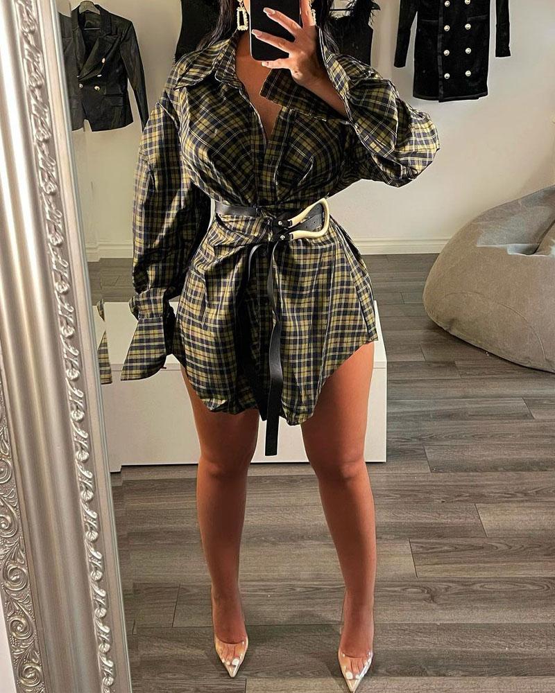 

Plaid Print Button Front Belted Shirt Dress, Green