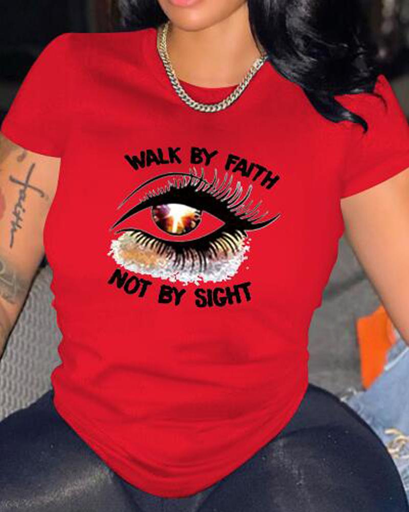 

Plus Size Letter Eye Print Casual T-shirt, Red