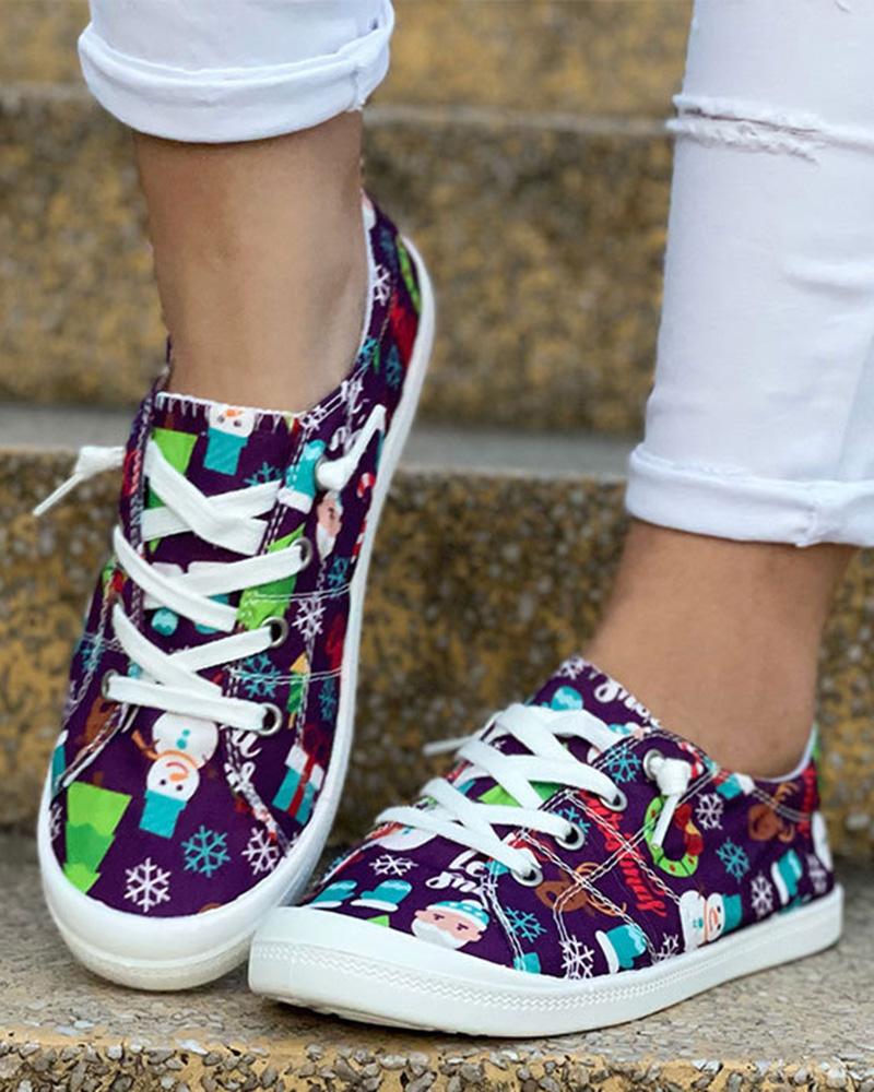 

Christmas Graphic Print Lace-up Canvas Slip-On, Green&purple