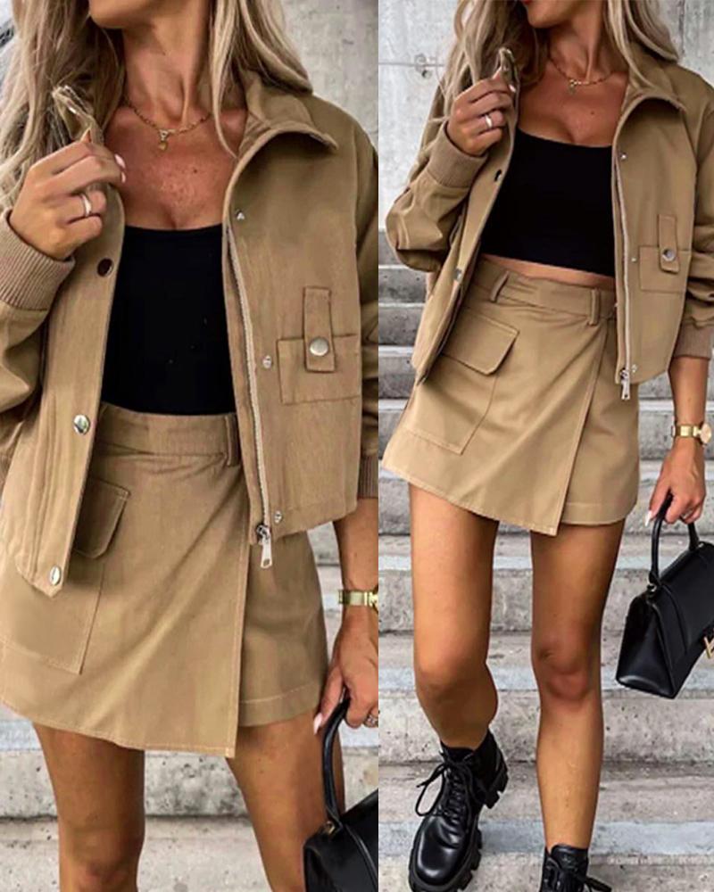 

Pocket Zipper Design Jacket & Overlap Skorts Set, Khaki