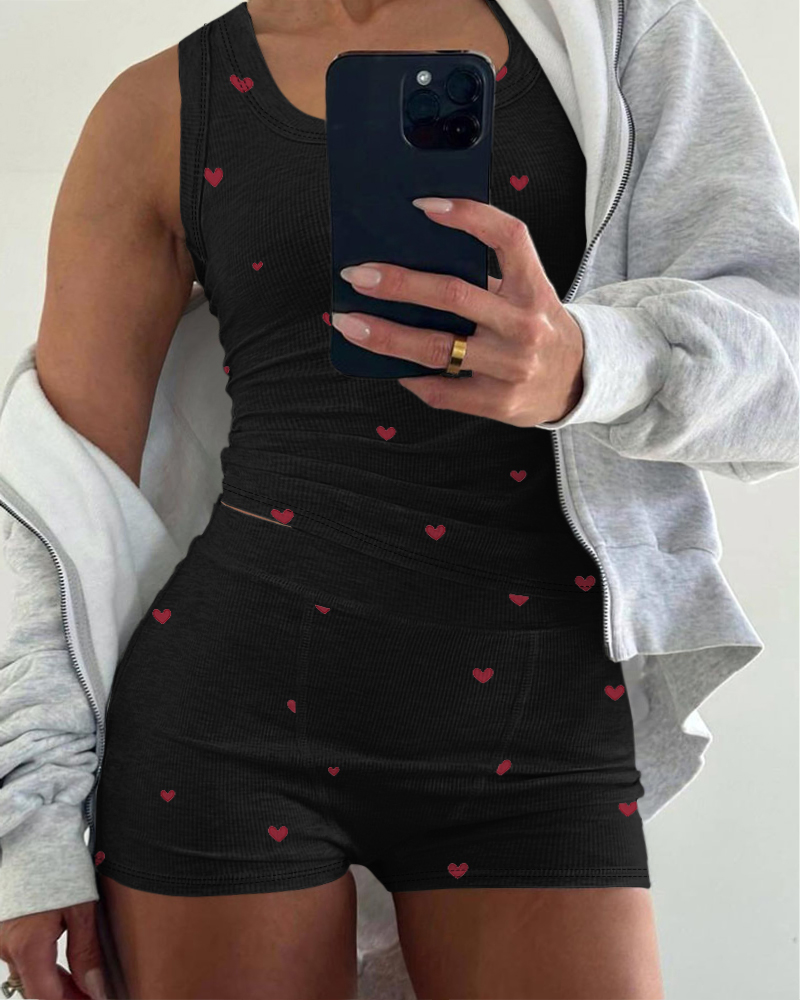 

Plus Size Heart Print U-Neck Tank Top and Elastic Waist Shorts Set Casual Ribbed Pajamas Set, Black