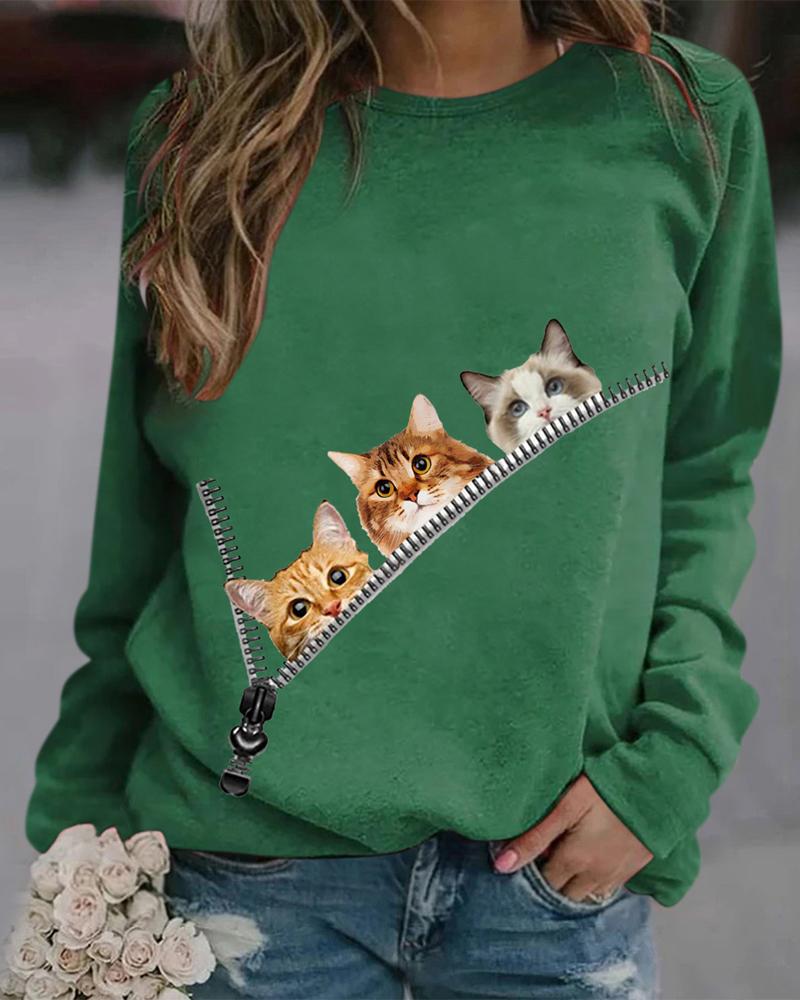 

Cat Print Long Sleeve Casual Top, Green