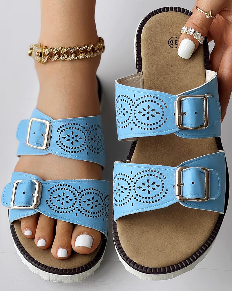 

Hollow Out Buckled Summer Slippers, Blue