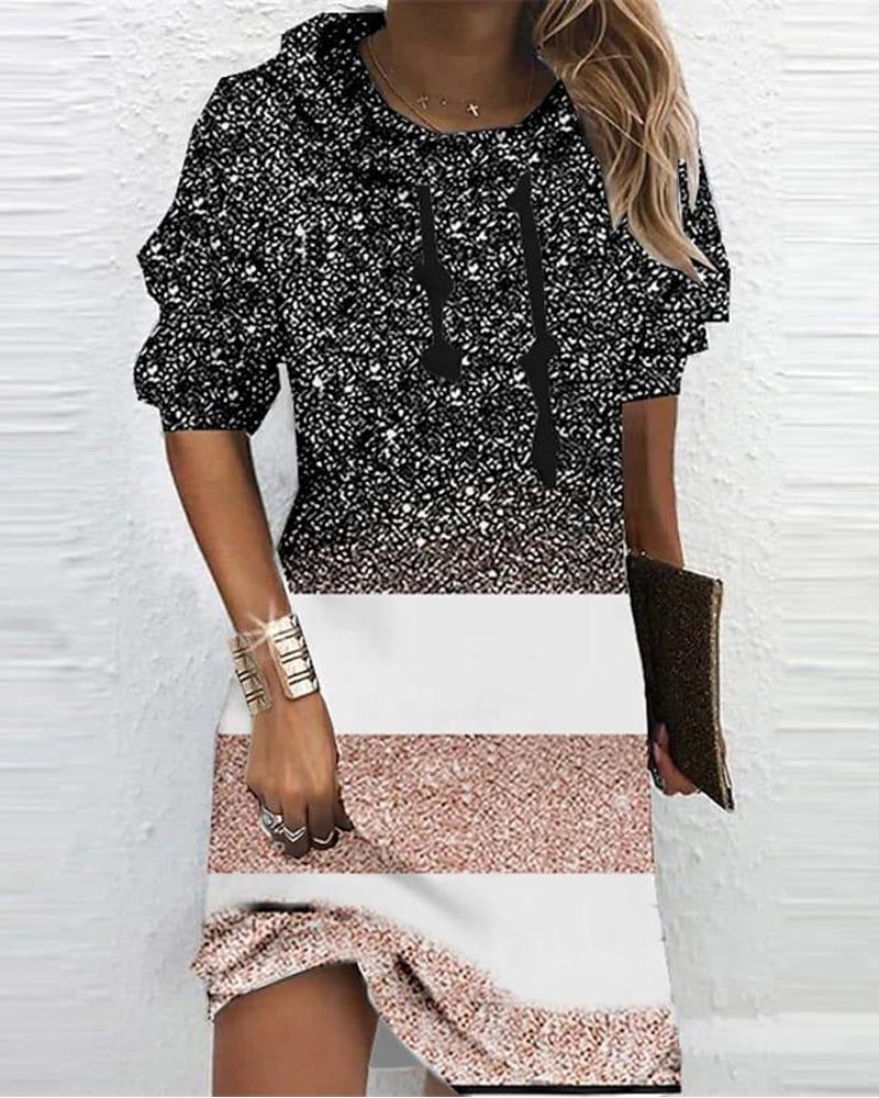 

Striped Glitter Print Hooded Long Sleeve Dress, Pink