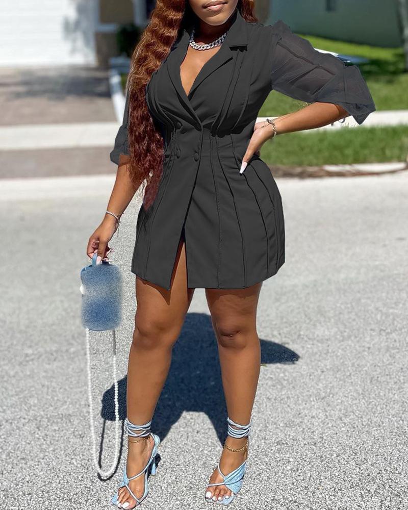 

Buttoned Sheer Mesh Puff Sleeve Ruched Blazer Dress, Black