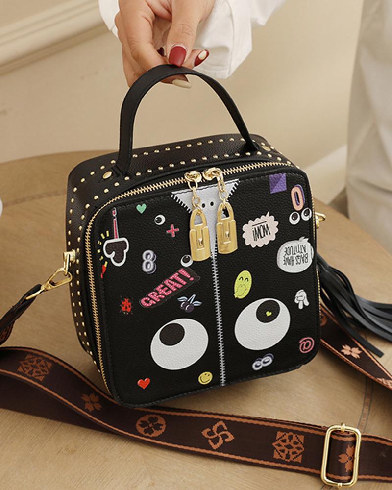 

Cartoon Print Tassel Details Square Handbag, Black