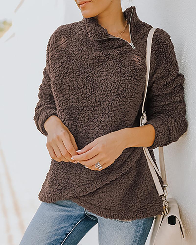 

Long Sleeve Zipper Design High Neck Fluffy Sweatshirt, Coffee