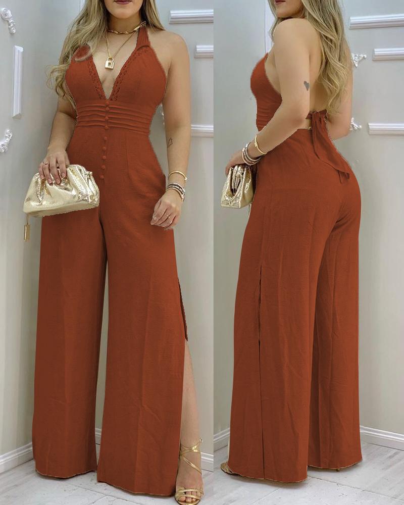 

Lace Trim Buttoned Backless Slit Jumpsuit, Brown