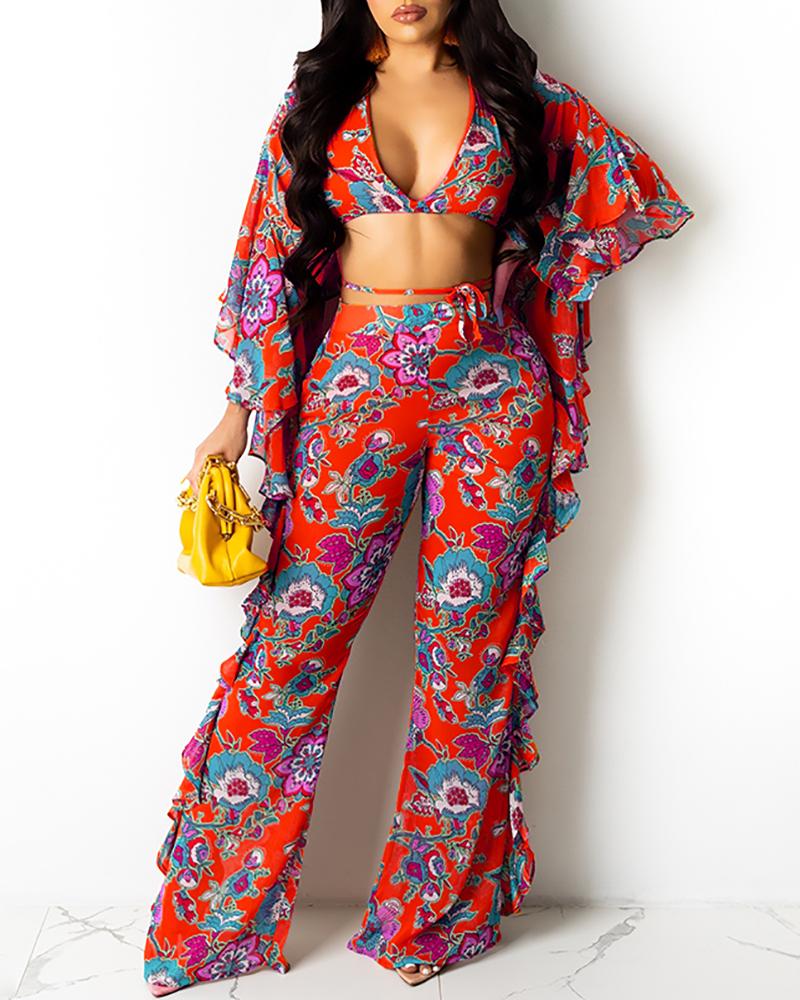 

Floral Print Plunge Ruffles Crop Top & Pants Set, Red