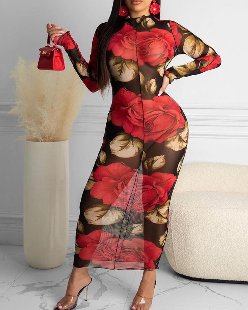 

Mesh Floral Print Long Sleeve Dress, Multicolor