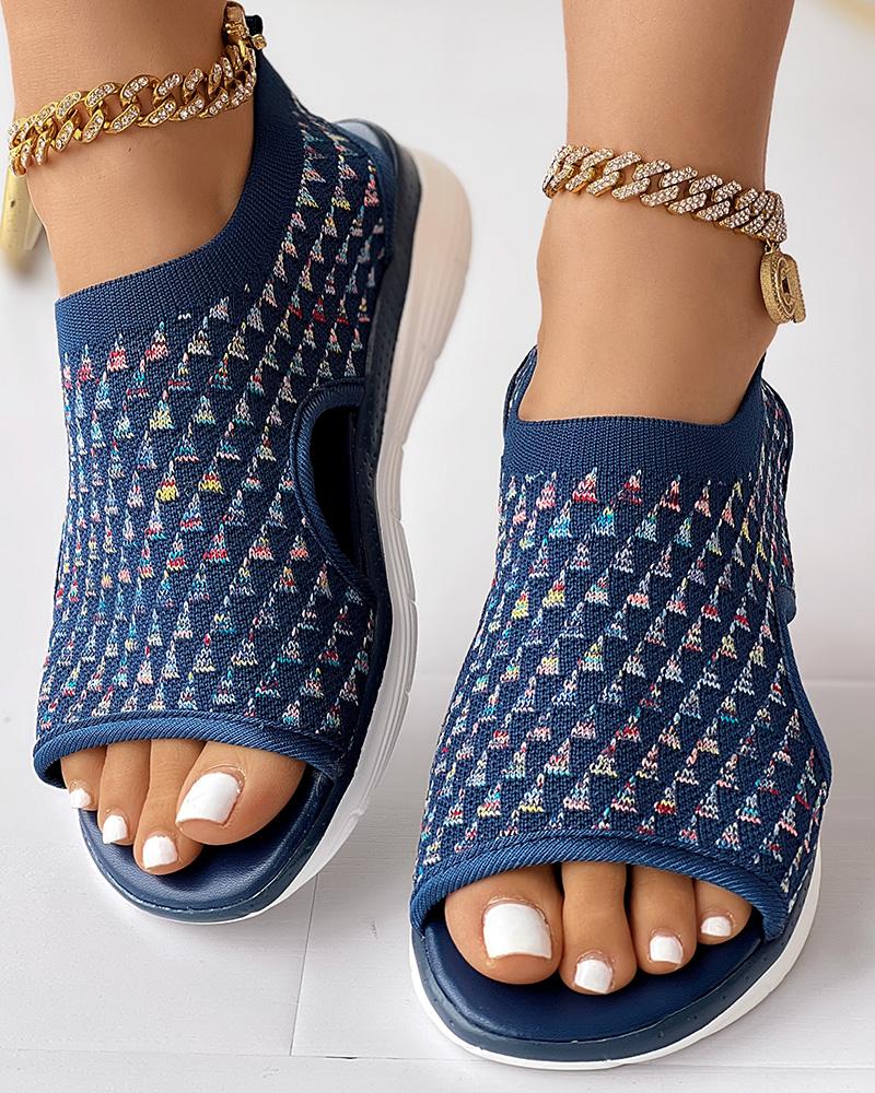 

Geometric Embroidery Peep Toe Platform Sandals, Blue