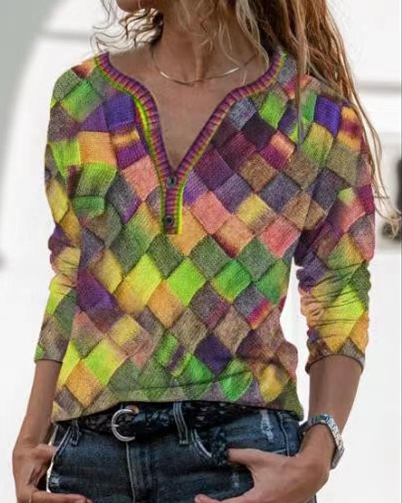 

Multicolor Diamond Print Long Sleeve Blouse, Green