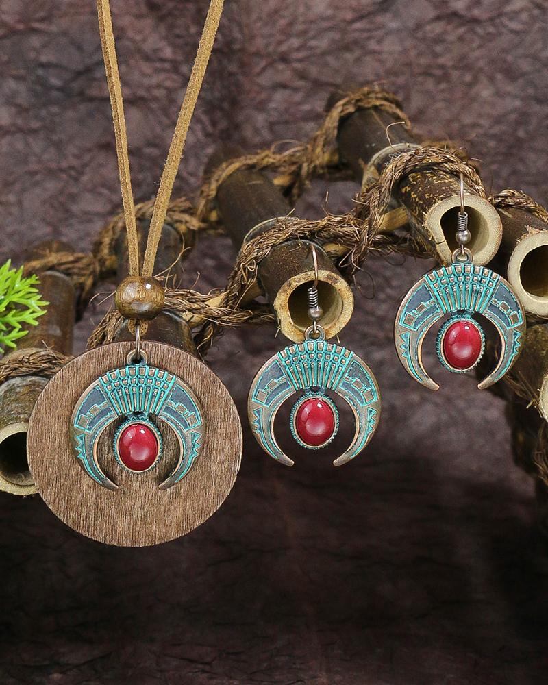 

2pcs Bohemian Turquoise Geometric Pendant Necklace & Earrings Jewelry Set, Red