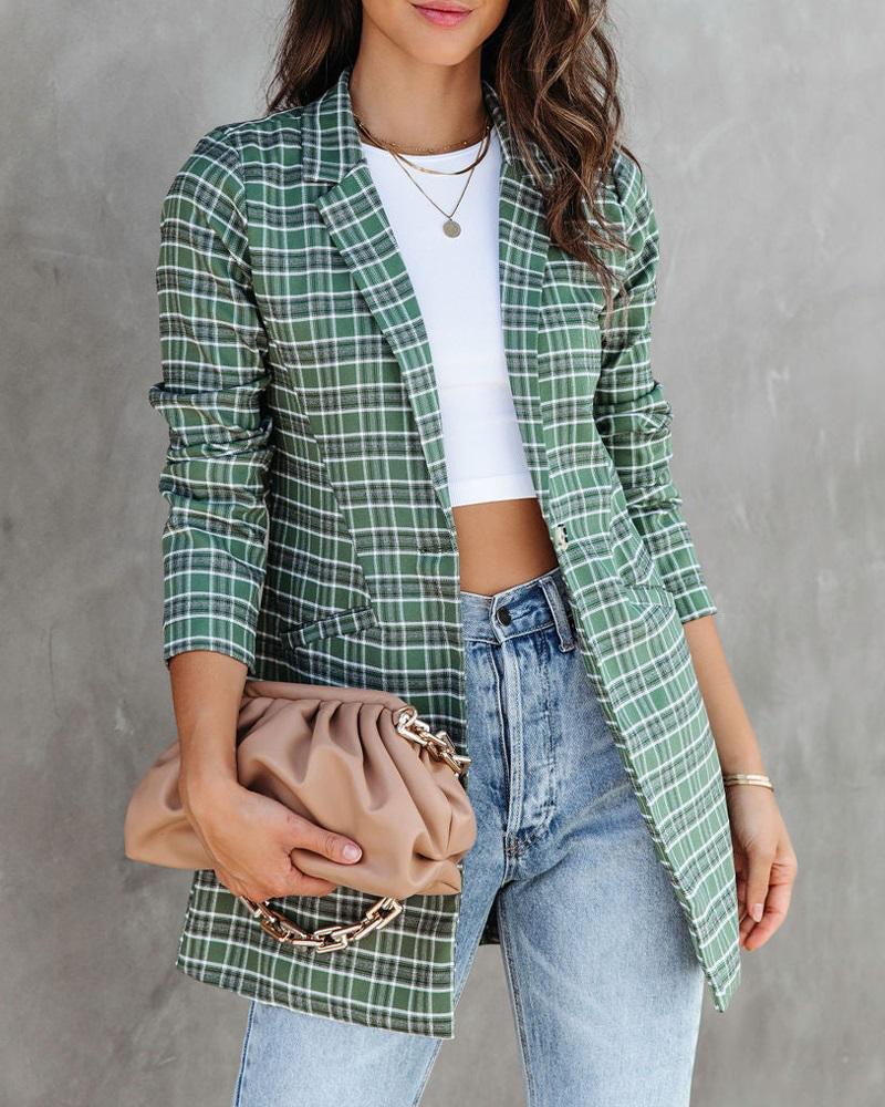 

Plaid Print Long Sleeve Lapel Collar Blazer, Green