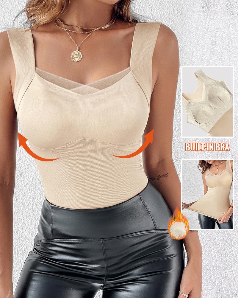 

Débardeur sans manches à col en V en maille transparente avec soutien-gorge intégré, doublé polaire chaude et coupe ajustée., Nude
