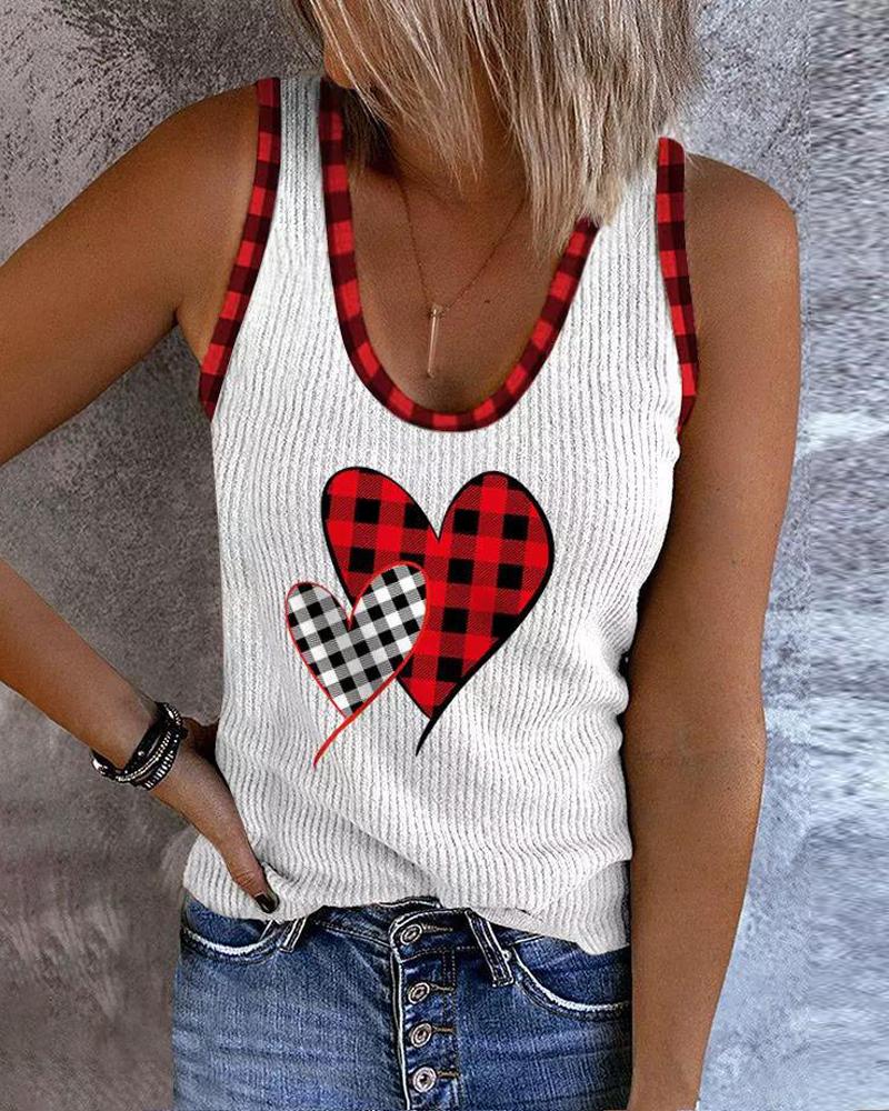 

Valentine' Day Plaid Heart Print Tank Top, White