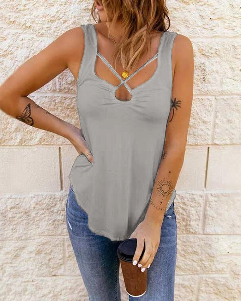 

Criss Cross U-Neck Casual Tank Top, Gray