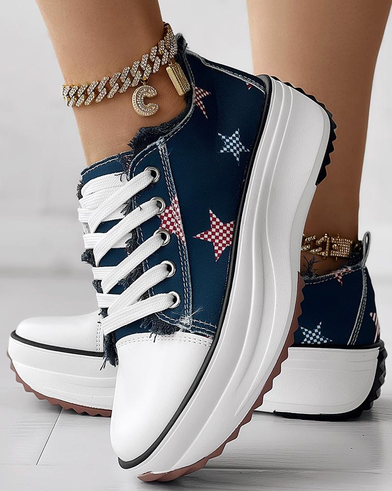 

Independence Day Star Print Raw Hem Muffin Sneakers, Blue