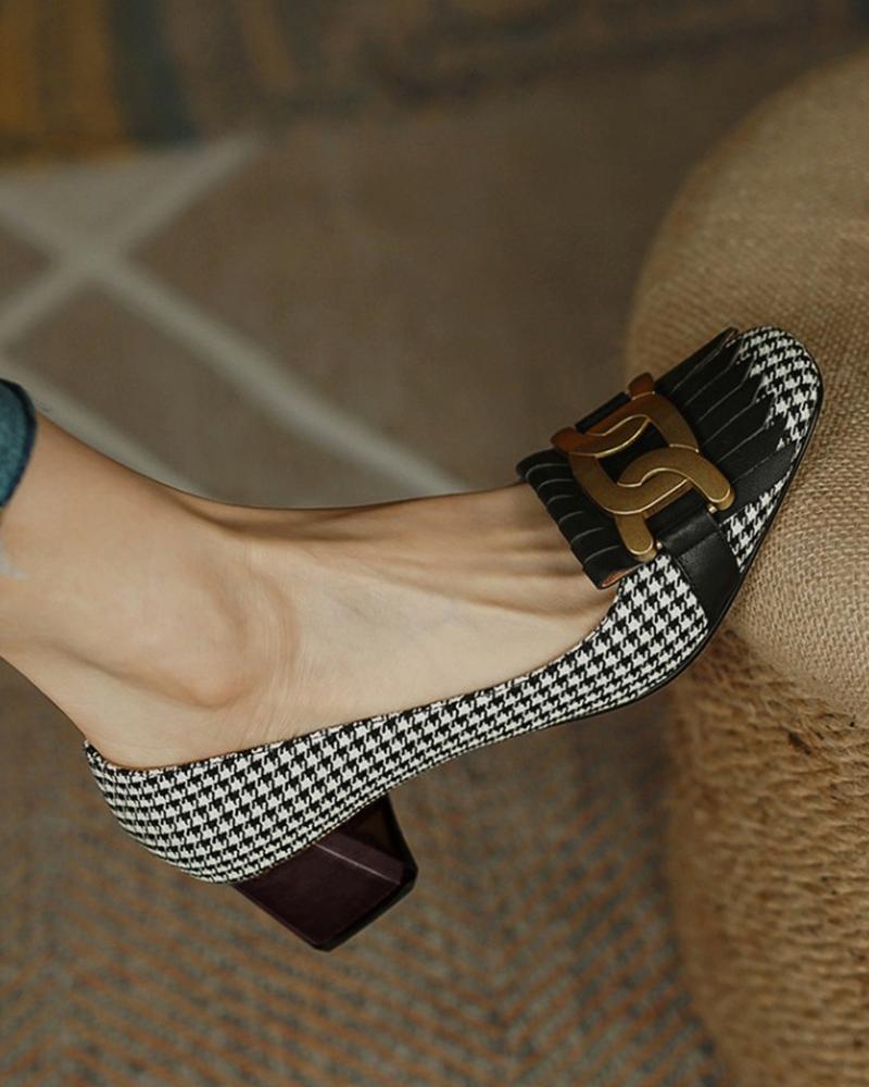

Square Toe Houndstooth Print Tassel Buckle Chunky Heels, Black
