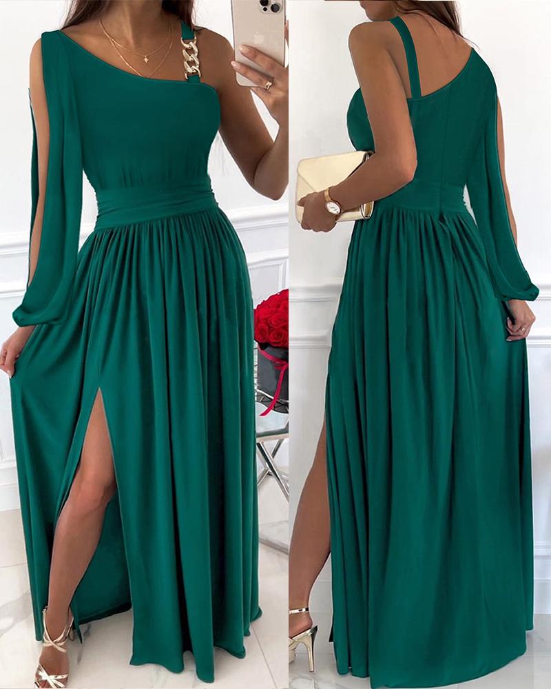 

Chain Decor Asymmetrical Neck High Slit Party Dress, Green