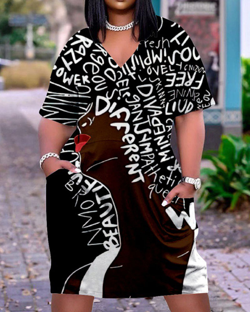 

Plus Size Letter Figure Print Pocket Detail Casual Dress, Black