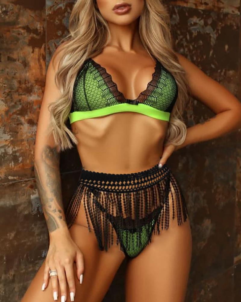 

Eyelash Lace Tassel Design Bra Set, Green