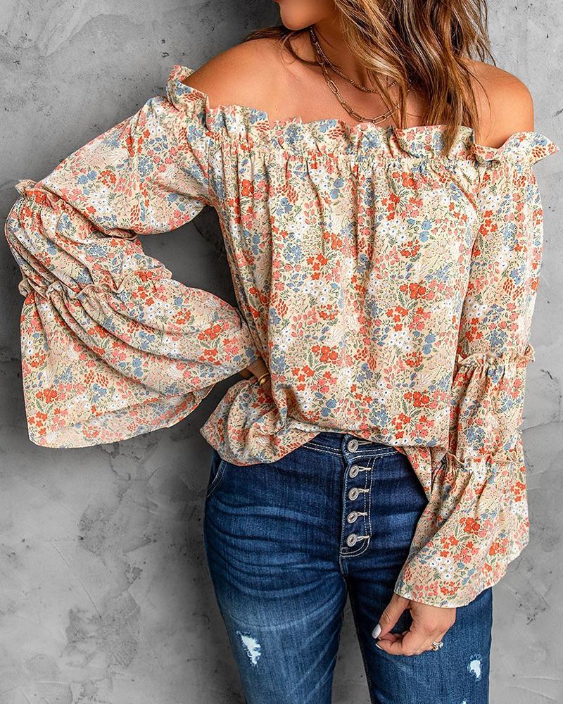 

Off Shoulder Ditsy Floral Print Bell Sleeve Top, Apricot