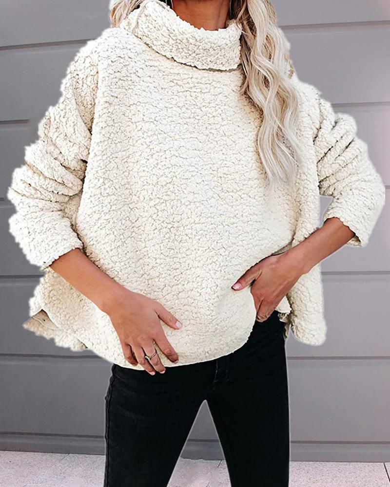 

High Neck Long Sleeve Teddy Coat, Beige