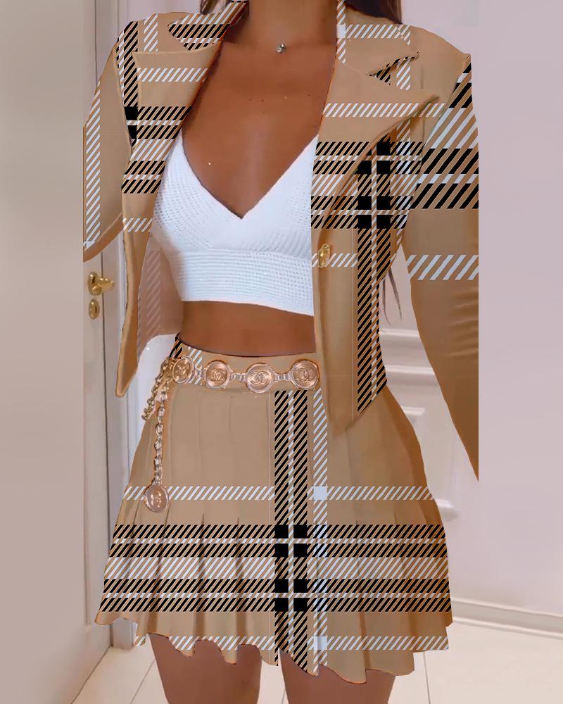 

Plaid Print Long Sleeve Blazer & Pleated Skirt Set, Apricot