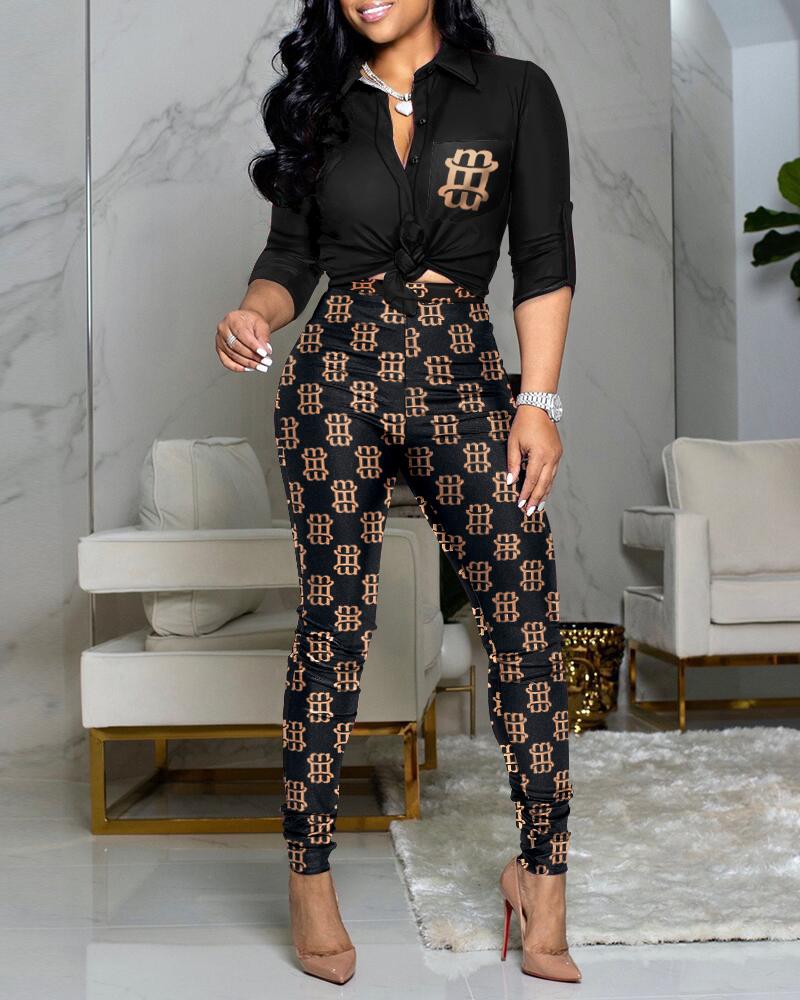

ChicMe Letter Print Button Down Shirt & Pants Set, Black