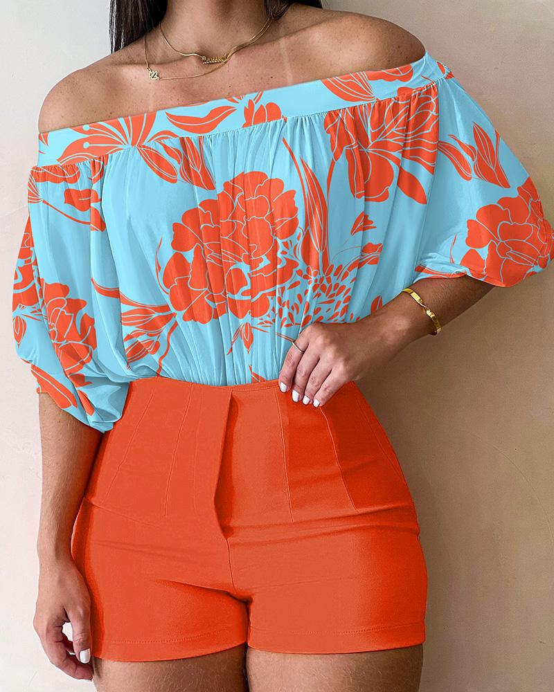 

Plants Print Ruched Off Shoulder Top & Shorts Set, Orange