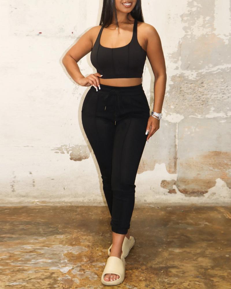 

U-Neck Crop Tank Top & Drawstring Pants Set, Black