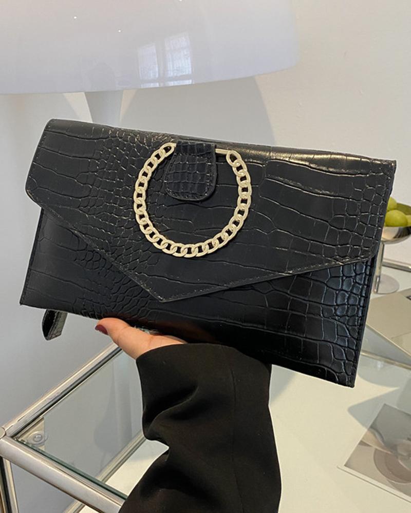 

Crocodile Chain Decor Magnetic Flap Clutch Envelop Bag, Black