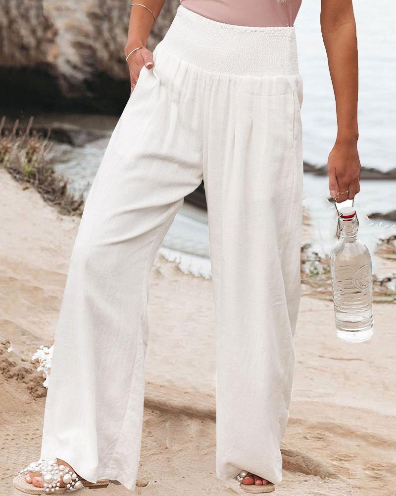 

Gathered Waist Pocket Design Wide Leg Pants, White