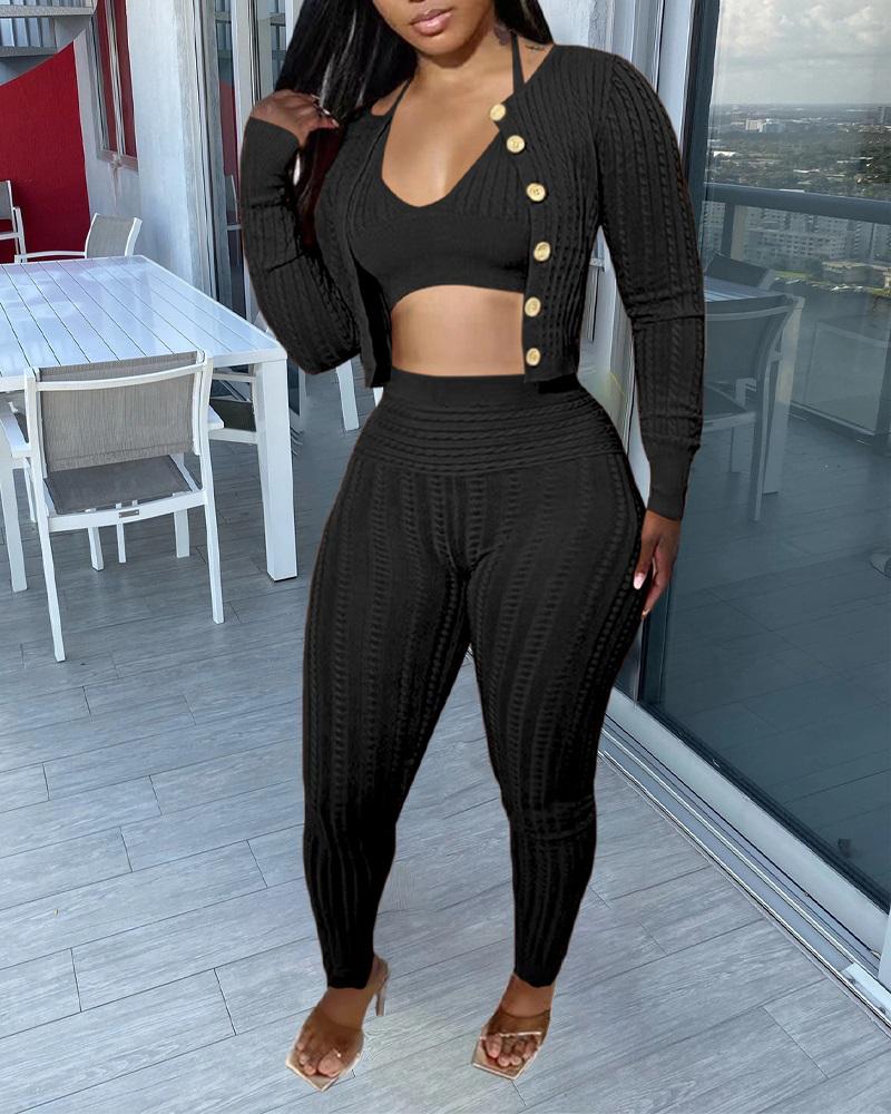 

3PCS Cable Knit Crop Top & High Waist Pants Set With Cardigan, Black
