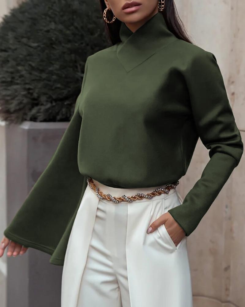 

High Neck Bell Sleeve Casual Top, Dark green