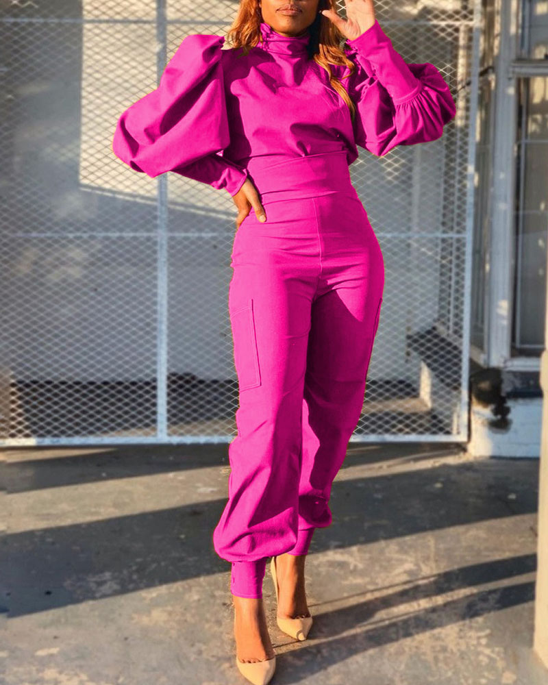 

Two Piece Sets Plain Puff Lantern Sleeve Top & High Waist Pants Set Elegant Suit Set, Hot pink