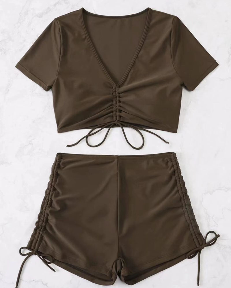 

Drawstring Ruched Padded Tankini Set, Black