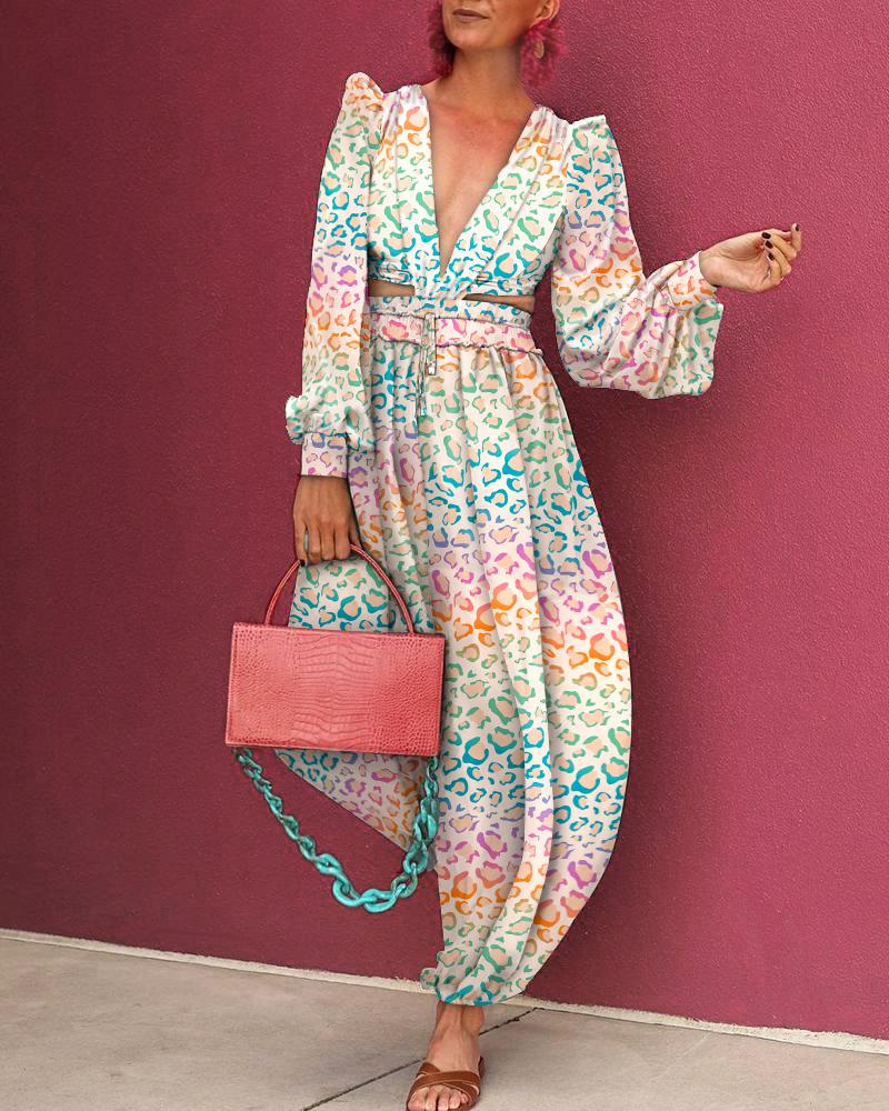 

Printed Floral V-neck Long Jumpsuir, Multicolor