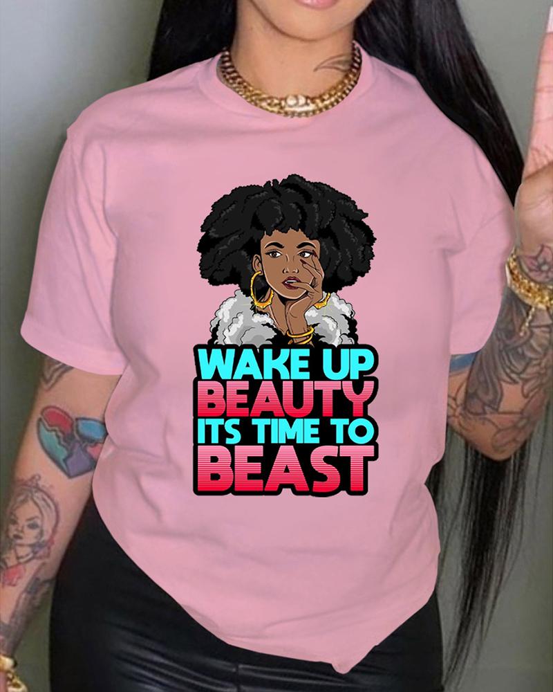 

Figure Letter Print Short Sleeve T-shirt, Pink