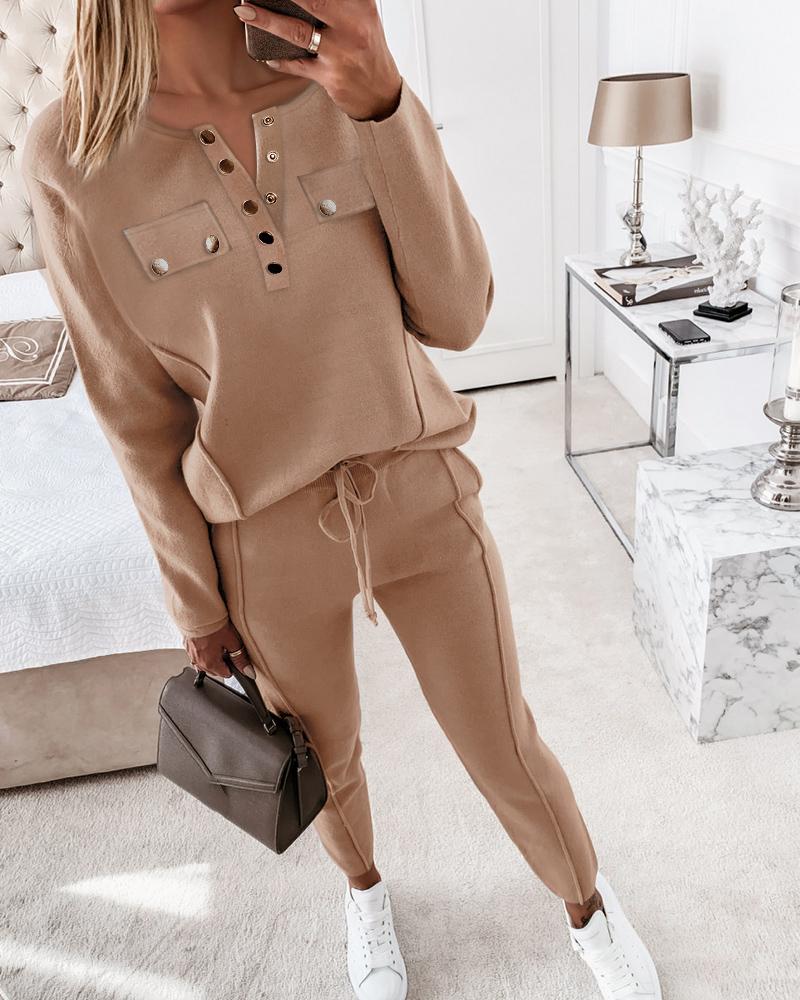 

Buttoned Pocket Design Top & Drawstring Pants Set, Khaki