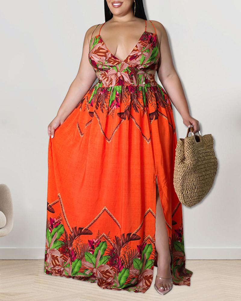 

Plus Size Tropical Print Cutout Split Hem Maxi Dress, Orange