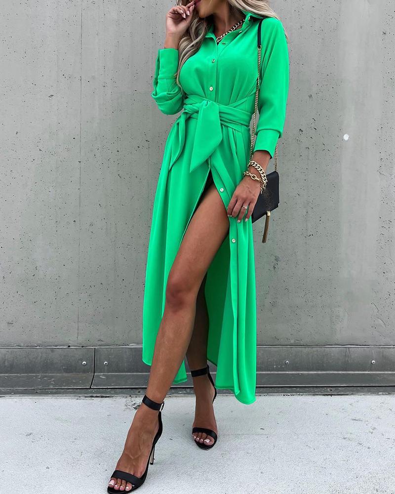

Long Sleeve Button Design Tied Detail Slit Shirt Dress, Green