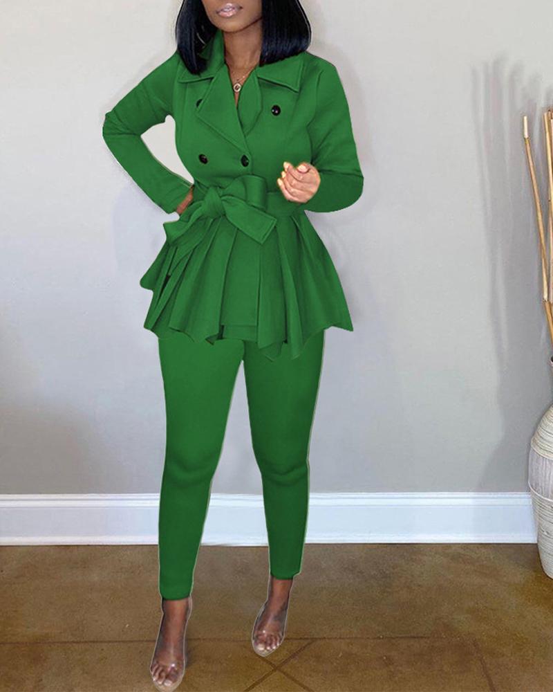 

Long Sleeve Double Breasted Belted Coat & Pants Set, Green