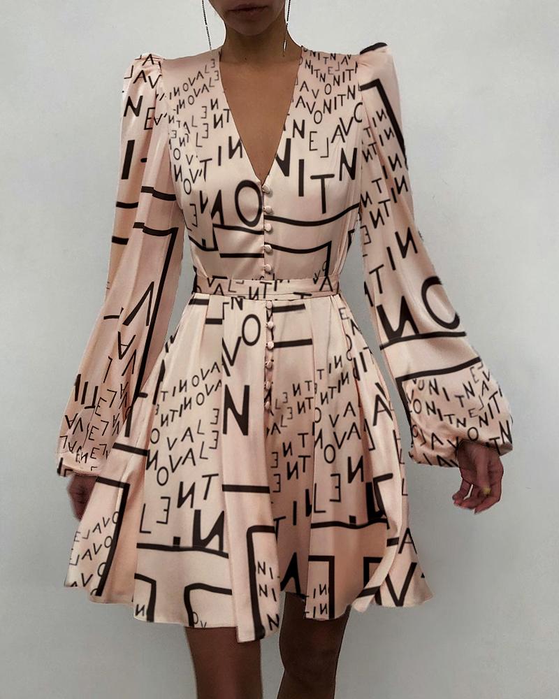 

Letter Print Puff Lantern Sleeve Buttoned Work Dress, Apricot