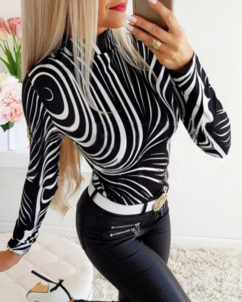 

Striped Stand Collar Top, Black