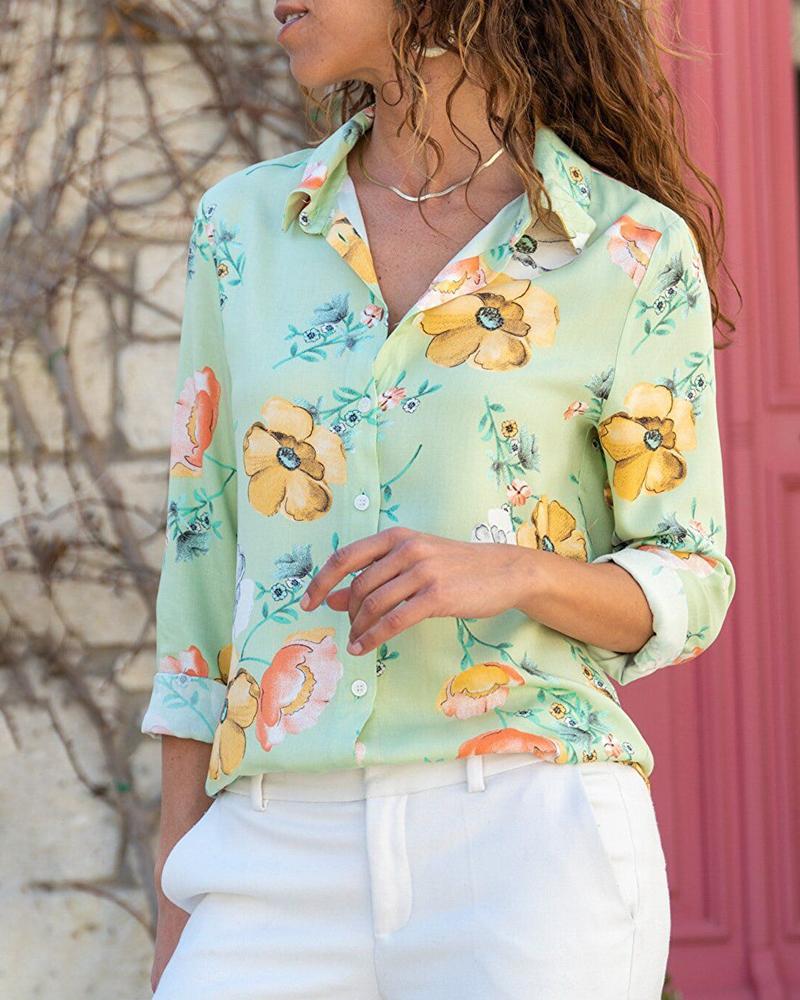 

Floral Print Buttoned Long Sleeve Shirt, Green