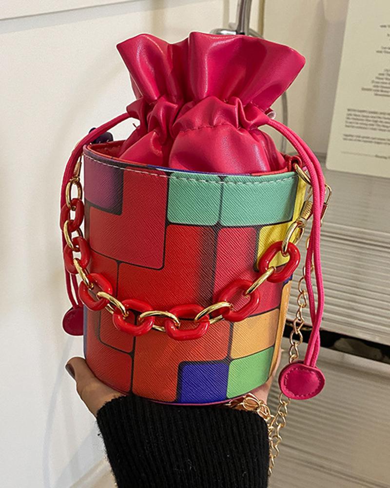 

Geometric Colorblock Drawstring Bucket Bag, Hot pink