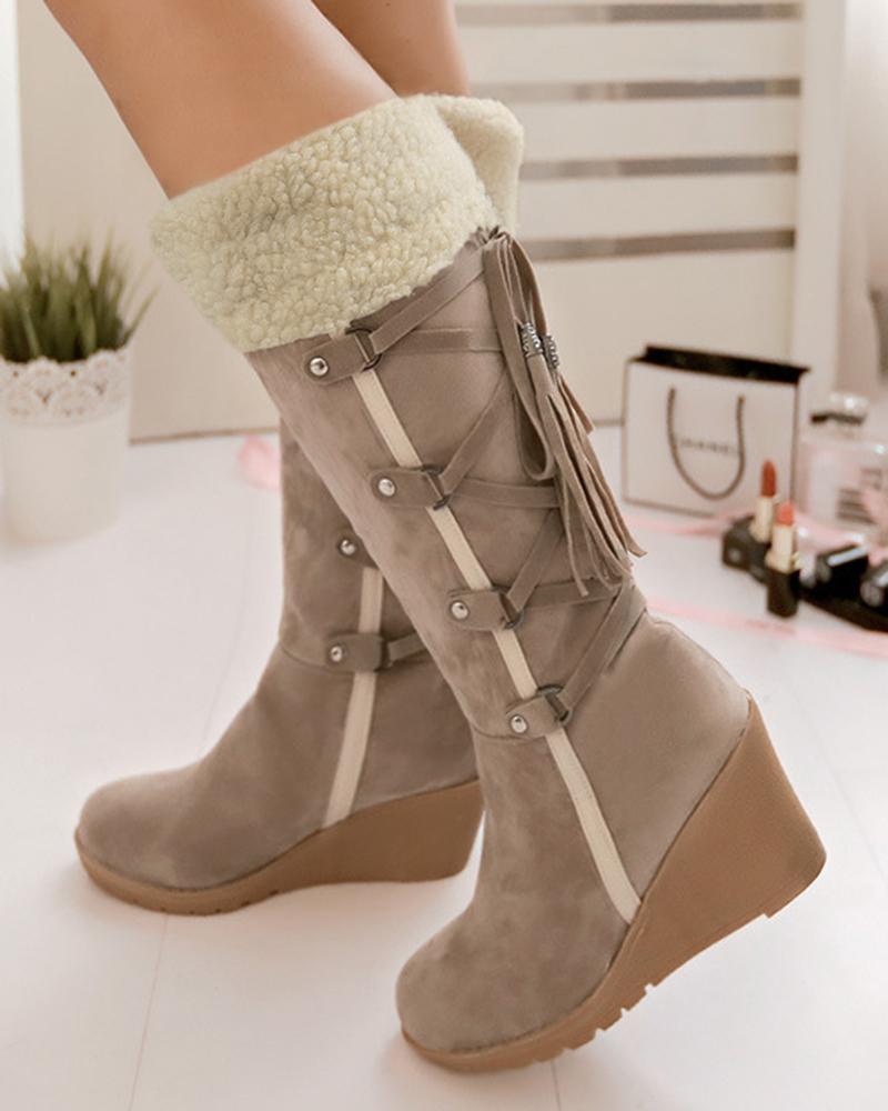 

Fuzzy Detail Lace-up Tassel Design Wedge Calf Boots, Khaki